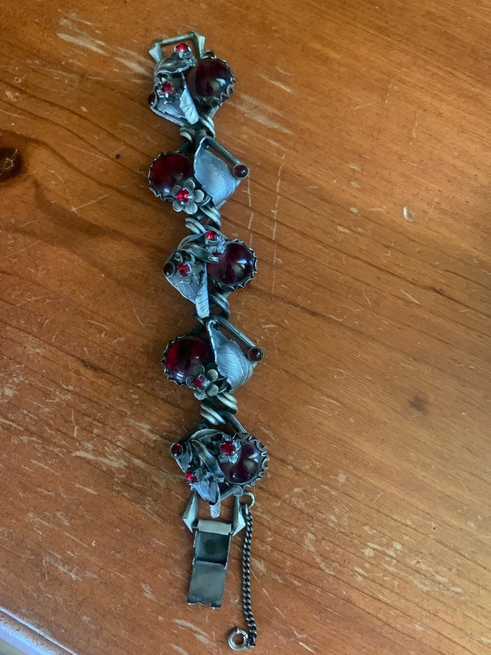 Vintage 1940’s  Red Glass Floral Link Bracelet - Women Jewelry